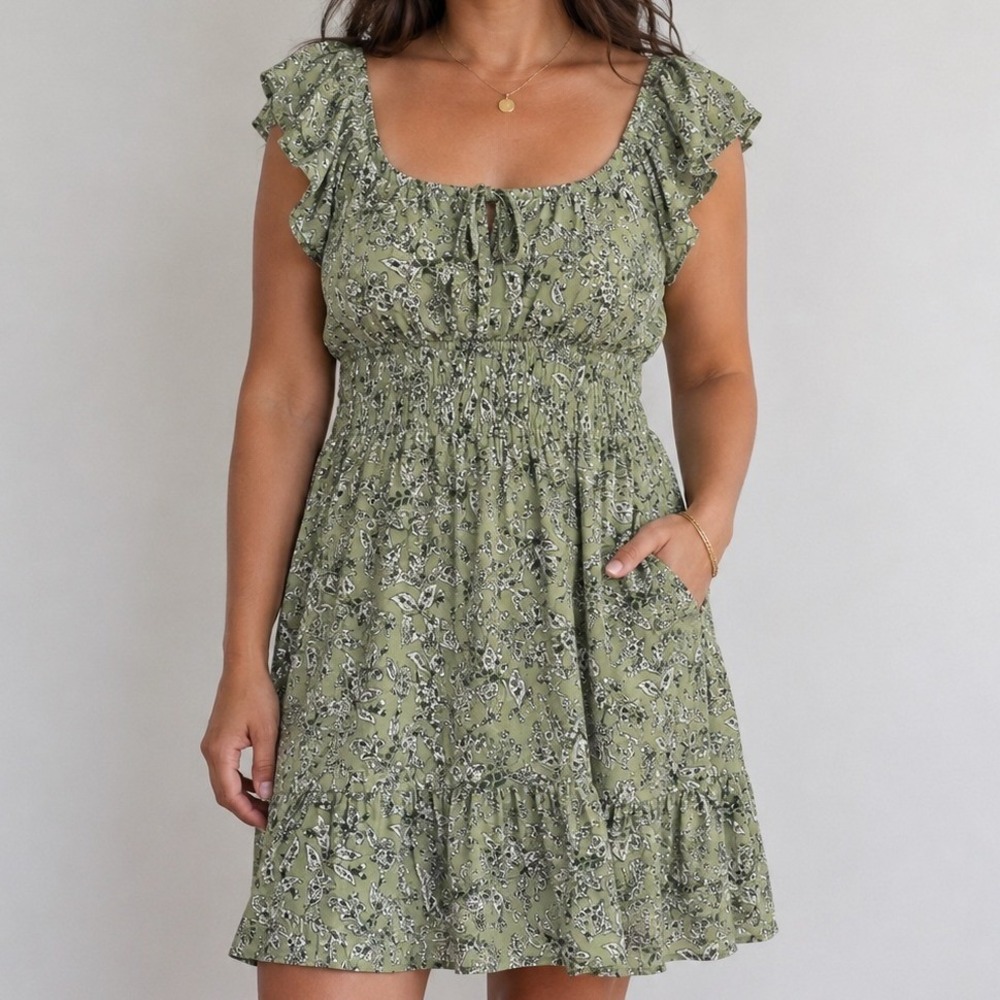 Just Found Floral Mini Dress Large Green Smocked Rayon Puff Sleeve Cottagecore